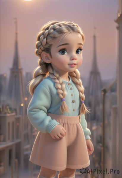 1girl,solo,long hair,looking at viewer,blue eyes,skirt,blonde hair,brown hair,shirt,long sleeves,twintails,closed mouth,standing,braid,outdoors,shorts,socks,blurry,black eyes,twin braids,lips,grey eyes,buttons,depth of field,blurry background,blue shirt,building,child,forehead,city,female child,lamppost,smile,parted lips,kneehighs,thick eyebrows,aged down,crown braid,brown shorts