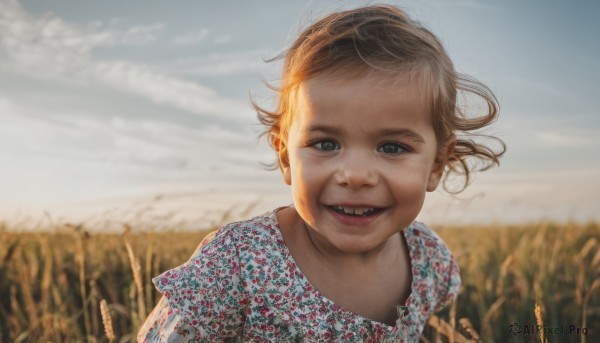 1girl,solo,looking at viewer,smile,short hair,open mouth,brown hair,shirt,dress,upper body,outdoors,sky,teeth,day,cloud,blurry,black eyes,blue sky,grey eyes,depth of field,blurry background,wind,child,realistic,female child,field,blue eyes,grin,cloudy sky,portrait,horror (theme)