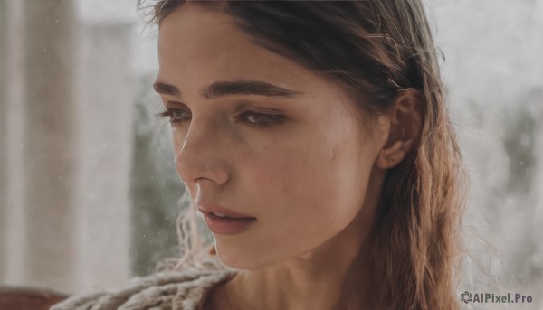 1girl,solo,long hair,looking at viewer,brown hair,black hair,jewelry,closed mouth,earrings,mole,blurry,lips,grey eyes,eyelashes,depth of field,blurry background,portrait,freckles,realistic,nose,stud earrings,mole on cheek,brown eyes,black eyes,looking away,expressionless,looking down,close-up