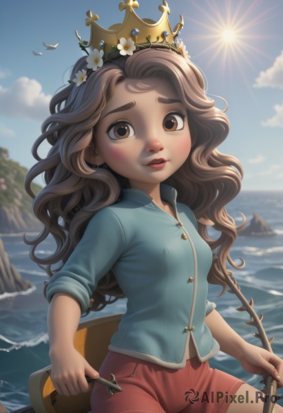 1girl,solo,long hair,breasts,looking at viewer,blush,brown hair,shirt,hair ornament,holding,brown eyes,sitting,flower,small breasts,outdoors,parted lips,sky,shorts,teeth,day,cloud,hair flower,water,blue sky,lips,short shorts,bird,ocean,wavy hair,beach,crown,blue shirt,freckles,sun,red shorts,head wreath,seagull,cowboy shot,artist name,blurry,eyelashes,blurry background,sunlight,thick eyebrows,white flower,sleeves rolled up,backlighting,rock,waves