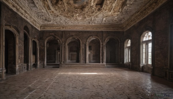 day,indoors,no humans,window,sunlight,scenery,stairs,door,architecture,tile floor,pillar,statue,hallway,church,arch,column,stone floor,vanishing point,building,fantasy,tiles,pavement