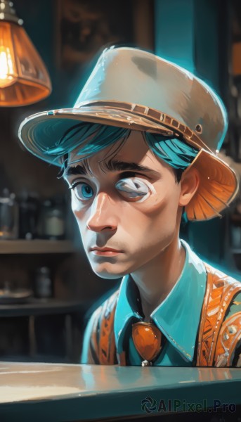 solo,looking at viewer,short hair,blue eyes,shirt,1boy,hat,closed mouth,blue hair,upper body,male focus,necktie,collared shirt,artist name,indoors,blurry,vest,lips,blurry background,heterochromia,thick eyebrows,portrait,nose,brown headwear,black hair,signature,grey eyes,blue shirt,lamp,bar (place),counter