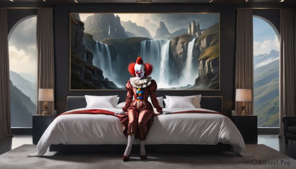 1girl,solo,1boy,dress,sitting,male focus,red hair,sky,socks,cloud,indoors,water,pillow,bed,mask,on bed,mountain,bedroom,waterfall,painting (object),afro,clown,lamp