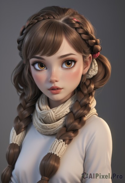 1girl,solo,long hair,looking at viewer,blush,bangs,simple background,brown hair,hair ornament,brown eyes,upper body,braid,parted lips,artist name,grey background,scarf,twin braids,lips,eyelashes,swept bangs,hair over shoulder,freckles,realistic,nose,multiple braids,shirt,jewelry,earrings,makeup,hair tie