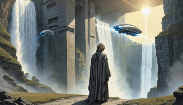 solo,1boy,standing,male focus,outdoors,day,hood,water,from behind,sunlight,building,scenery,cloak,science fiction,robe,light rays,city,aircraft,fantasy,sun,bald,ruins,pillar,waterfall,spacecraft,facial hair,floating,rock,realistic,old,old man,alien,fog