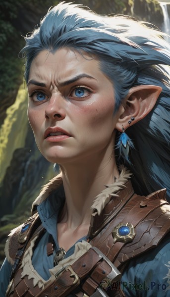 1girl,solo,long hair,blue eyes,shirt,jewelry,blue hair,collarbone,upper body,earrings,outdoors,parted lips,teeth,pointy ears,belt,blurry,lips,blurry background,looking up,elf,portrait,freckles,realistic,nose,hair slicked back,dirty,blush,armor,piercing,blue shirt,veins