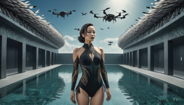 1girl,solo,breasts,short hair,black hair,bare shoulders,brown eyes,medium breasts,swimsuit,outdoors,sky,day,cloud,water,lips,one-piece swimsuit,clothing cutout,tattoo,bird,thigh gap,building,reflection,flying,realistic,dragon,black one-piece swimsuit,pool,architecture,east asian architecture,brown hair,cleavage,jewelry,standing,cowboy shot,detached sleeves,nail polish,blue sky,makeup,halterneck,cleavage cutout,sunlight,black nails,arm tattoo,eastern dragon