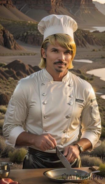 solo,looking at viewer,smile,blonde hair,shirt,1boy,hat,holding,white shirt,male focus,food,black eyes,apron,buttons,facial hair,beard,plate,watch,realistic,mustache,wristwatch,cooking,photo background,frying pan,chef hat,chef,photo inset,steak,short hair,outdoors,knife