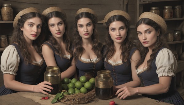 long hair,breasts,looking at viewer,smile,blue eyes,multiple girls,large breasts,brown hair,black hair,hat,dress,cleavage,brown eyes,medium breasts,closed mouth,upper body,braid,short sleeves,parted lips,food,puffy sleeves,indoors,puffy short sleeves,lips,grey eyes,eyelashes,4girls,fruit,wavy hair,table,bottle,5girls,curly hair,realistic,apple,basket,grapes,jar,bangs,hair ornament,flower,hair flower,shelf