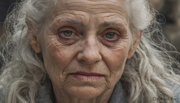 solo,long hair,looking at viewer,1boy,closed mouth,white hair,male focus,blurry,lips,grey eyes,blurry background,facial hair,wavy hair,portrait,realistic,old,old man,wrinkled skin,grey hair,close-up,curly hair,nose,old woman