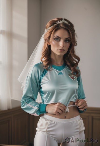 1girl,solo,long hair,breasts,looking at viewer,brown hair,shirt,hair ornament,long sleeves,navel,brown eyes,medium breasts,closed mouth,standing,cowboy shot,small breasts,midriff,pants,artist name,indoors,blurry,lips,crop top,see-through,window,blurry background,shirt lift,piercing,blue shirt,veil,freckles,sportswear,realistic,white pants,nose,navel piercing,yoga pants,jewelry,earrings,parted lips,thick eyebrows,tiara,curly hair,bridal veil,head wreath,bride,soccer uniform,aqua shirt