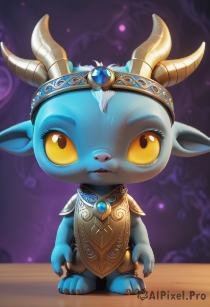 solo,looking at viewer,open mouth,1boy,jewelry,standing,full body,yellow eyes,male focus,horns,artist name,armor,no humans,colored skin,slit pupils,shoulder armor,gem,furry,colored sclera,purple background,furry male,yellow sclera,fewer digits,yordle,1girl,animal ears,parted lips,pointy ears,orange eyes,claws,blue skin