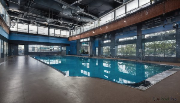 day,indoors,water,tree,no humans,window,sunlight,building,scenery,reflection,chinese text,tiles,tile floor,ceiling,ceiling light,train station,reflective floor,railing,pool,bridge