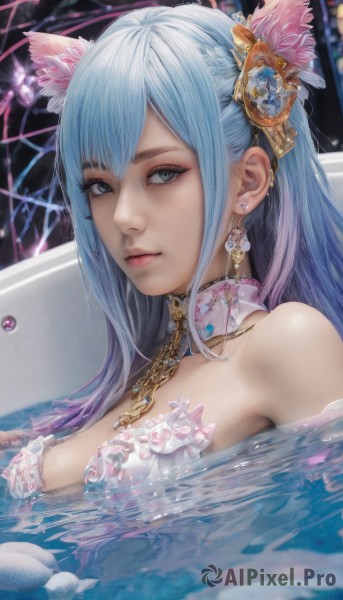 1girl,solo,long hair,breasts,looking at viewer,bangs,blue eyes,large breasts,hair ornament,cleavage,bare shoulders,jewelry,medium breasts,closed mouth,blue hair,swimsuit,upper body,bikini,multicolored hair,earrings,choker,water,necklace,lips,wet,grey eyes,eyelashes,piercing,gem,ear piercing,partially submerged,realistic,nose,bathing,bath,bathtub,flower,frills,artist name,hair flower,detached collar,feathers,frilled bikini,light blue hair,shell