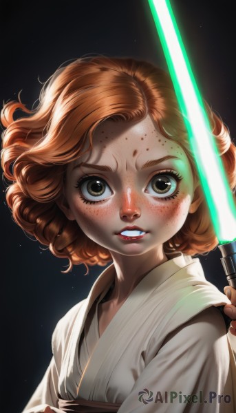 1girl,solo,looking at viewer,blush,short hair,simple background,brown hair,holding,brown eyes,green eyes,upper body,weapon,parted lips,japanese clothes,teeth,sword,holding weapon,orange hair,lips,eyelashes,makeup,glowing,black background,child,freckles,curly hair,female child,energy sword,lightsaber,blood,blood on face,realistic,nose,animification