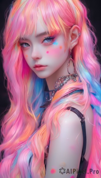 1girl,solo,long hair,looking at viewer,bangs,blue eyes,blonde hair,simple background,bare shoulders,jewelry,closed mouth,blue hair,upper body,pink hair,multicolored hair,earrings,sleeveless,necklace,black eyes,from side,two-tone hair,lips,grey eyes,eyelashes,gradient hair,makeup,chain,wavy hair,facial mark,piercing,black background,ear piercing,eyeshadow,hoop earrings,pink lips,realistic,nose,eyeliner,facepaint,mascara,shirt,hairband,choker,artist name,orange hair,looking to the side,petals,expressionless,gem,strap slip,camisole,white hairband