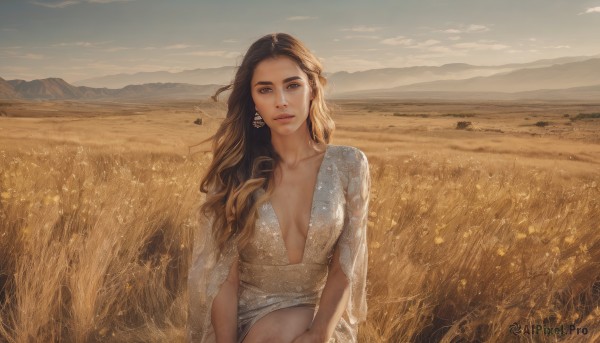 1girl,solo,long hair,breasts,looking at viewer,brown hair,dress,cleavage,brown eyes,jewelry,medium breasts,collarbone,upper body,earrings,small breasts,outdoors,parted lips,sky,day,cloud,white dress,lips,head tilt,see-through,no bra,wavy hair,wind,scenery,breasts apart,mountain,realistic,nose,field,hill,plunging neckline,curly hair,wheat