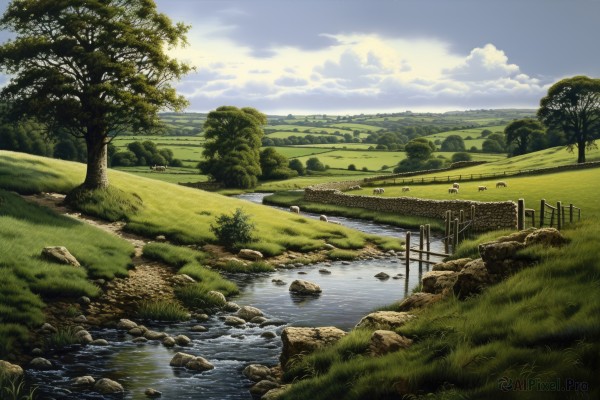 outdoors,sky,day,cloud,water,tree,blue sky,no humans,cloudy sky,grass,nature,scenery,forest,rock,mountain,fence,bridge,river,landscape,road,bush