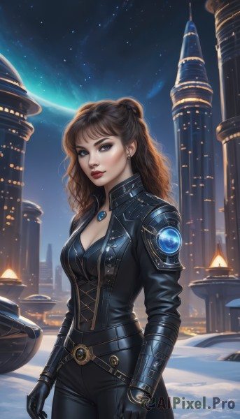 1girl,solo,long hair,breasts,looking at viewer,blue eyes,brown hair,gloves,cleavage,jewelry,medium breasts,standing,cowboy shot,earrings,outdoors,open clothes,sky,black gloves,belt,pants,necklace,lips,bodysuit,makeup,night,wavy hair,moon,lipstick,building,gem,star (sky),night sky,snow,pendant,starry sky,red lips,leather,planet,jacket,ponytail,freckles,realistic,leather jacket