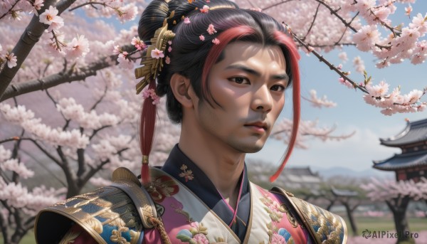 1girl,solo,looking at viewer,black hair,hair ornament,1boy,brown eyes,upper body,flower,male focus,red hair,multicolored hair,outdoors,parted lips,japanese clothes,sky,day,kimono,hair bun,armor,blurry,black eyes,two-tone hair,tree,blue sky,lips,streaked hair,blurry background,facial hair,floral print,single hair bun,cherry blossoms,shoulder armor,portrait,realistic,nose,hair stick,japanese armor,architecture,east asian architecture,stubble