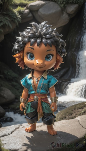 solo,looking at viewer,smile,short hair,blue eyes,shirt,black hair,1boy,animal ears,jewelry,closed mouth,standing,full body,short sleeves,male focus,outdoors,barefoot,dark skin,water,necklace,chibi,blurry,bracelet,furry,rock,furry male,male child,river,waterfall,1girl,brown hair,multicolored hair,grass,blue shirt,messy hair,child,brown fur