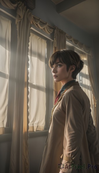 1girl,solo,looking at viewer,short hair,bangs,blue eyes,brown hair,shirt,black hair,long sleeves,standing,jacket,necktie,indoors,hair bun,from side,lips,coat,window,chain,arms behind back,formal,sunlight,single hair bun,suit,curtains,red necktie,realistic,nose,1boy,jewelry,upper body,male focus,parted lips,day,looking to the side