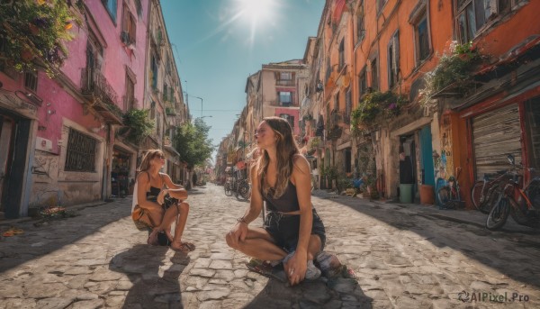 long hair, multiple girls, brown hair, 2girls, outdoors, sky, shoes, shorts, day, sandals, sunlight, squatting, tank top, ground vehicle, building, scenery, motor vehicle, city, sun, car, road, power lines, street, bicycle, vanishing point