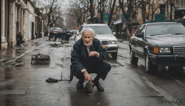 solo,shirt,long sleeves,1boy,holding,jacket,white hair,grey hair,male focus,outdoors,shoes,pants,black footwear,blurry,tree,coat,blurry background,facial hair,black pants,formal,suit,ground vehicle,motor vehicle,beard,snow,cigarette,realistic,car,road,old,vehicle focus,old man,street,photo background,looking at viewer,short hair,sitting,closed mouth,white shirt,weapon,open clothes,day,collared shirt,black jacket,tattoo,depth of field,squatting,blue jacket,building,smoke,mustache,smoking,bare tree,holding cigarette,cigar,sidewalk