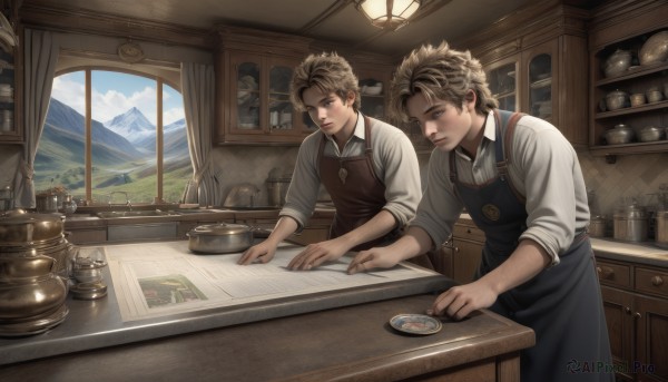 short hair,blonde hair,brown hair,shirt,long sleeves,brown eyes,closed mouth,standing,white shirt,male focus,multiple boys,day,collared shirt,indoors,2boys,apron,window,siblings,knife,curtains,sleeves rolled up,mountain,lamp,kitchen,jar,counter,cabinet,cutting board,blue eyes,sky,cloud,book,table,scenery,cooking,shop,map,sink,drawer,inkwell