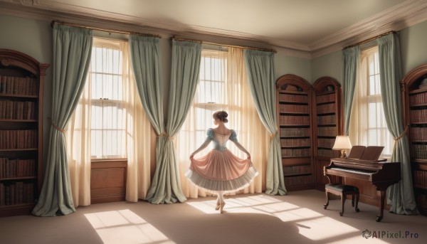 1girl,solo,short hair,brown hair,long sleeves,dress,standing,day,puffy sleeves,indoors,hair bun,from behind,high heels,book,window,shadow,chair,sunlight,single hair bun,standing on one leg,curtains,juliet sleeves,instrument,pink dress,scenery,desk,light rays,skirt hold,bookshelf,facing away,sunbeam,book stack,piano,window shade,curtsey,grand piano,gloves,hat,short sleeves,shoes,elbow gloves,white dress,puffy short sleeves,back,table,frilled dress,white pantyhose,backless outfit,long dress,backless dress,wide shot,short over long sleeves,library,ballerina,ballet slippers,ballet