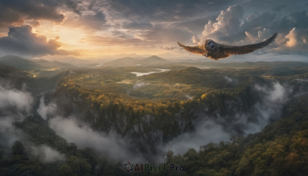 outdoors,wings,sky,cloud,tree,no humans,bird,cloudy sky,nature,scenery,forest,flying,sunset,mountain,fantasy,landscape,fog,above clouds,solo,sunlight,flock