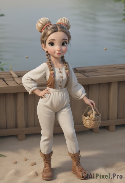 1girl,solo,long hair,looking at viewer,smile,brown hair,shirt,long sleeves,holding,brown eyes,closed mouth,standing,full body,white shirt,braid,boots,outdoors,pants,water,hair bun,vest,twin braids,lips,hand on hip,double bun,ocean,brown footwear,child,hair over shoulder,forehead,fence,basket,female child,brown vest,puffy long sleeves,freckles,overalls,holding basket