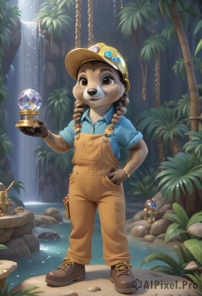 1girl,solo,long hair,looking at viewer,smile,brown hair,shirt,hat,holding,animal ears,brown eyes,jewelry,closed mouth,standing,full body,braid,short sleeves,boots,outdoors,shoes,day,collared shirt,pants,artist name,hand up,signature,water,twin braids,flat chest,bracelet,tree,watermark,brown footwear,blue shirt,gem,child,nature,web address,furry,pocket,hand in pocket,crystal,rock,furry female,female child,overalls,breast pocket,badge,waterfall,yellow headwear,button badge,cave,leaf,helmet,grass,plant,rope,cross-laced footwear,freckles,glint,brown fur,stone,blue overalls