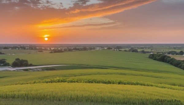 outdoors,sky,cloud,water,no humans,ocean,beach,cloudy sky,grass,scenery,sunset,rock,mountain,sun,horizon,field,river,evening,landscape,mountainous horizon,shore,orange sky,hill,tree,nature