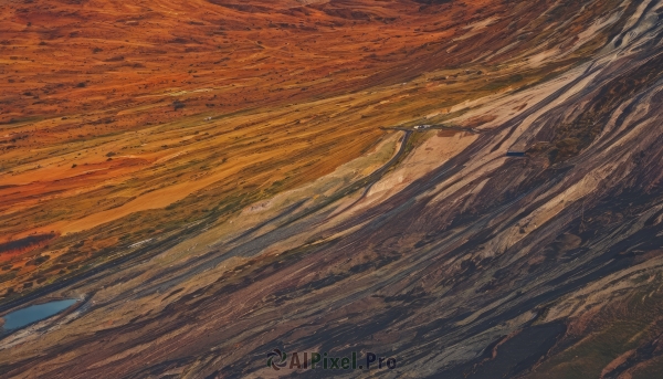 outdoors,sky,cloud,water,no humans,traditional media,scenery,sunset,rock,mountain,sand,horizon,landscape,orange sky,desert,dutch angle,ocean,cloudy sky,spacecraft