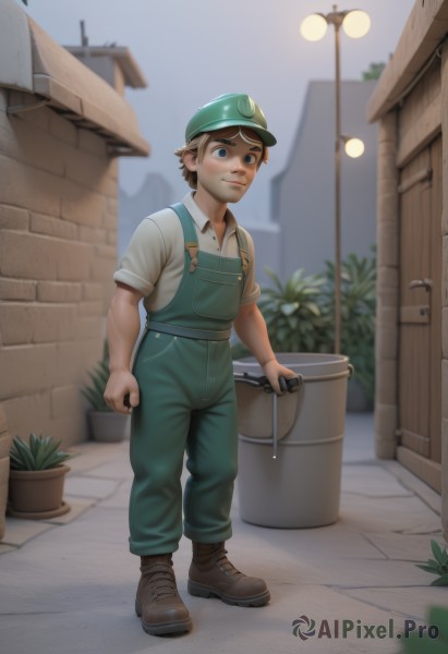 solo,blush,smile,short hair,blue eyes,brown hair,shirt,1boy,hat,holding,closed mouth,standing,full body,white shirt,male focus,boots,outdoors,shoes,collared shirt,pants,artist name,blurry,blurry background,brown footwear,plant,building,child,sleeves rolled up,green headwear,potted plant,bucket,overalls,male child,lamppost,blue overalls,short sleeves,sky,day,night,thick eyebrows