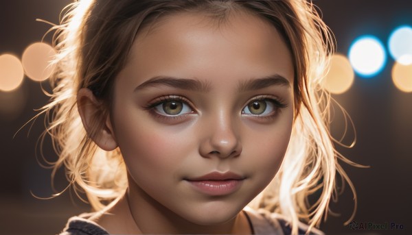 1girl,solo,looking at viewer,smile,short hair,blonde hair,brown hair,brown eyes,closed mouth,blurry,lips,eyelashes,depth of field,blurry background,portrait,close-up,forehead,backlighting,freckles,realistic,nose,bokeh,green eyes,necklace