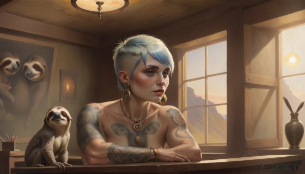 1girl,solo,breasts,short hair,blue eyes,jewelry,blue hair,collarbone,upper body,nude,multicolored hair,earrings,small breasts,parted lips,indoors,necklace,bracelet,lips,window,tattoo,makeup,animal,looking away,lipstick,dog,hoop earrings,realistic,nose,arm tattoo,painting (object),looking outside,1boy,sitting,male focus,topless male,rabbit,lamp