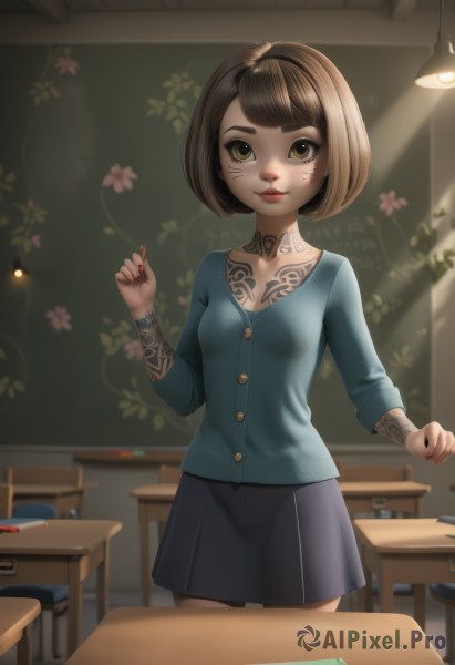 1girl,solo,breasts,looking at viewer,smile,short hair,bangs,skirt,brown hair,shirt,long sleeves,holding,brown eyes,closed mouth,school uniform,standing,collarbone,cowboy shot,pleated skirt,small breasts,artist name,indoors,black skirt,nail polish,lips,mole under eye,tattoo,makeup,buttons,swept bangs,chair,facial mark,sunlight,bob cut,blue shirt,red nails,desk,red lips,classroom,school desk,arm tattoo,chalkboard,chest tattoo,school chair,neck tattoo,chalk,blue skirt,freckles,cigarette