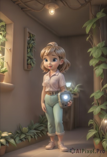 1girl,solo,breasts,looking at viewer,smile,short hair,bangs,blue eyes,blonde hair,brown hair,shirt,holding,standing,full body,white shirt,short sleeves,shoes,collared shirt,belt,pants,artist name,indoors,medium hair,blurry,makeup,white footwear,plant,denim,sneakers,child,pocket,jeans,camera,blue pants,tiles,red lips,female child,shirt tucked in,potted plant,brown belt,breast pocket,tile floor,green pants,holding camera,lips,leaf,brown footwear