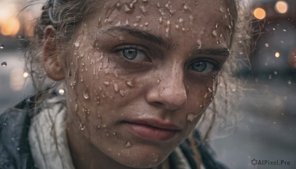 1girl, solo, looking at viewer, short hair, blue eyes, blonde hair, closed mouth, blurry, lips, wet, portrait, close-up, realistic, nose