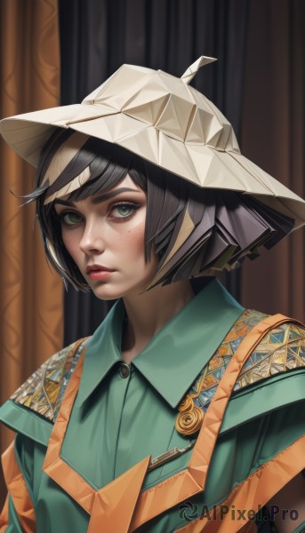 1girl,solo,looking at viewer,short hair,bangs,shirt,black hair,hat,closed mouth,green eyes,upper body,collared shirt,artist name,blurry,lips,grey eyes,blurry background,freckles,realistic,nose,green shirt,blush,eyelashes,thick eyebrows,red lips