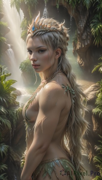 1girl,solo,long hair,breasts,looking at viewer,blue eyes,blonde hair,hair ornament,jewelry,medium breasts,very long hair,standing,ass,braid,white hair,cowboy shot,outdoors,parted lips,teeth,day,looking back,artist name,signature,water,necklace,from side,tree,lips,wet,eyelashes,sideboob,muscular,leaf,back,sunlight,tiara,feathers,plant,nature,forest,backlighting,freckles,toned,circlet,realistic,nose,dappled sunlight,loincloth,waterfall,moss,tribal,swimsuit,bikini,crown