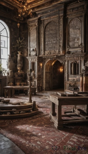 solo,day,indoors,book,no humans,window,chair,table,sunlight,plant,scenery,stairs,door,potted plant,candle,architecture,pillar,statue,carpet,arch,candlestand,chandelier,1boy,1other,wooden floor