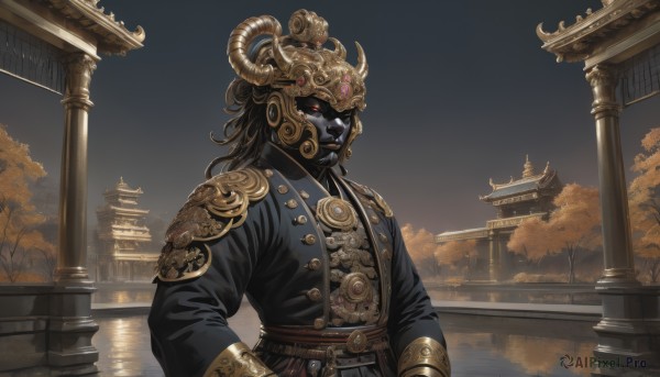 solo,long hair,looking at viewer,black hair,red eyes,long sleeves,1boy,standing,upper body,male focus,outdoors,horns,sky,water,armor,tree,sash,night,colored skin,helmet,building,reflection,gold trim,robe,fake horns,architecture,grey skin,east asian architecture,statue,black skin,closed mouth,jacket,black jacket,facial hair,night sky,furry,colored sclera,furry male,pillar