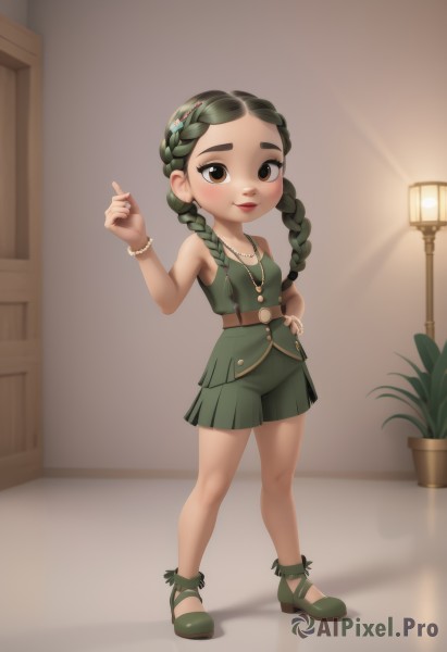 1girl,solo,long hair,breasts,looking at viewer,blush,smile,skirt,hair ornament,dress,bare shoulders,twintails,brown eyes,jewelry,closed mouth,standing,full body,braid,small breasts,green hair,shoes,shorts,sleeveless,belt,indoors,hand up,necklace,twin braids,flat chest,bracelet,hand on hip,makeup,thick eyebrows,plant,green skirt,child,green shirt,female child,lamp,green shorts,black hair