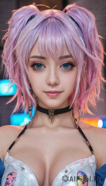 1girl,solo,breasts,looking at viewer,smile,short hair,bangs,blue eyes,cleavage,bare shoulders,twintails,jewelry,medium breasts,closed mouth,underwear,collarbone,upper body,pink hair,multicolored hair,earrings,choker,shiny,bra,blurry,two side up,lips,eyelashes,makeup,blurry background,black choker,portrait,eyeshadow,freckles,pink lips,realistic,nose,eyeliner,straight-on,mascara,large breasts,swimsuit,bikini,artist name,depth of field,white bikini,light smile,lipstick,breasts apart,badge