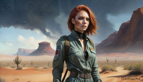 HQ,1girl,solo,breasts,looking at viewer,short hair,blue eyes,brown hair,jacket,upper body,red hair,outdoors,sky,day,belt,cloud,medium hair,bag,uniform,blue sky,lips,military,mountain,realistic,dirty,desert,dirty face,orange hair,freckles,science fiction,sand,emblem,jumpsuit