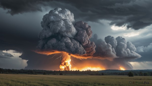 outdoors,sky,cloud,tree,no humans,cloudy sky,grass,fire,nature,scenery,forest,smoke,sunset,explosion,landscape,burning,field