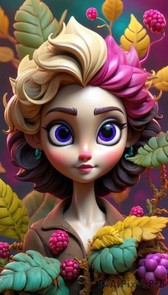 1girl,solo,looking at viewer,smile,short hair,blue eyes,blonde hair,brown hair,holding,jewelry,closed mouth,purple eyes,collarbone,upper body,pink hair,multicolored hair,earrings,food,artist name,blurry,two-tone hair,lips,eyelashes,makeup,fruit,leaf,thick eyebrows,plant,lipstick,eyeshadow,freckles,grapes,mascara,jacket,white hair,curly hair,brown jacket